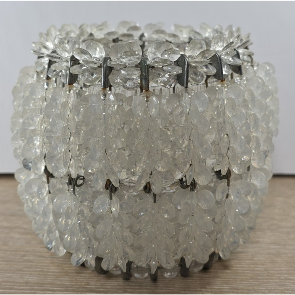 Vtg Handmade Silver Safety Pin Clear‎ Beaded Glass Candle Holder Tramp Art